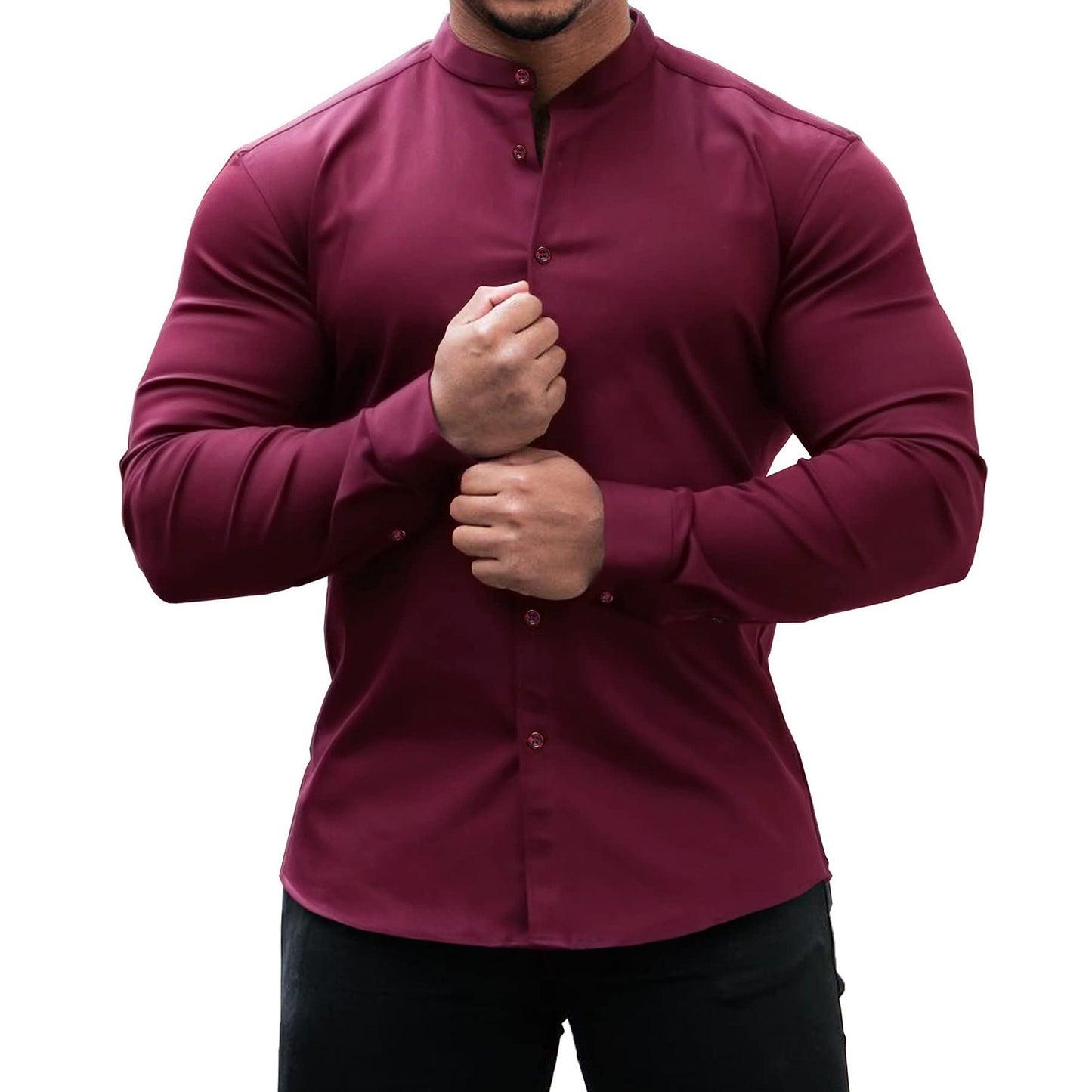 Long Sleeve Shirt Men Casual Button Down Slim Tops Solid Color Casual Mens Clothing