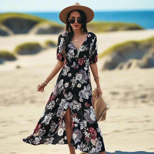 Floral Summer Beach Dress With V Neck Elastic Waist Dresses For Women