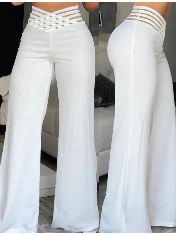 Elevate Your Style: Elegant High Waist Flared Pants with Mesh Patch Design