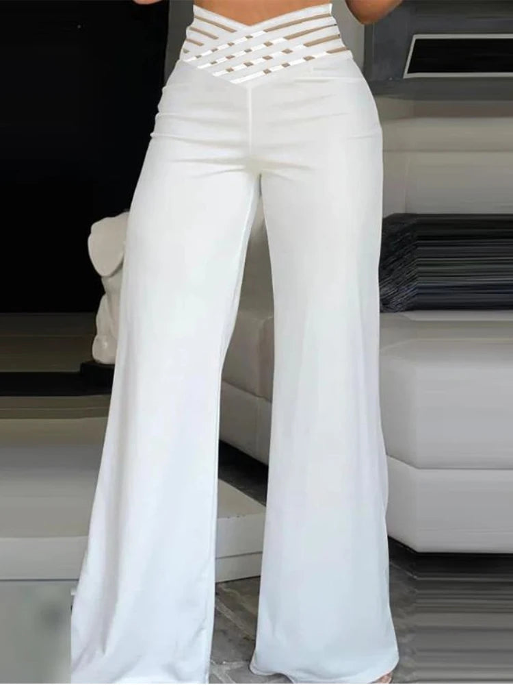 Elevate Your Style: Elegant High Waist Flared Pants with Mesh Patch Design