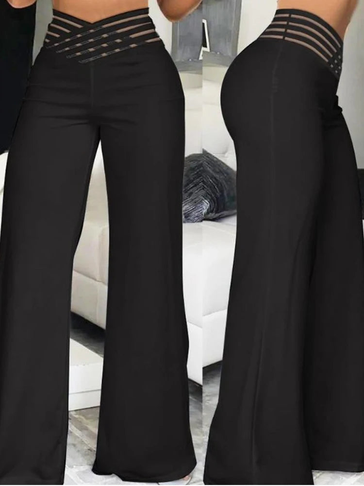 Elevate Your Style: Elegant High Waist Flared Pants with Mesh Patch Design