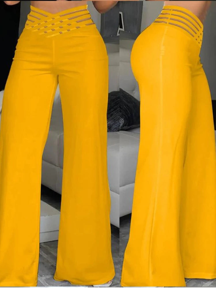 Elevate Your Style: Elegant High Waist Flared Pants with Mesh Patch Design