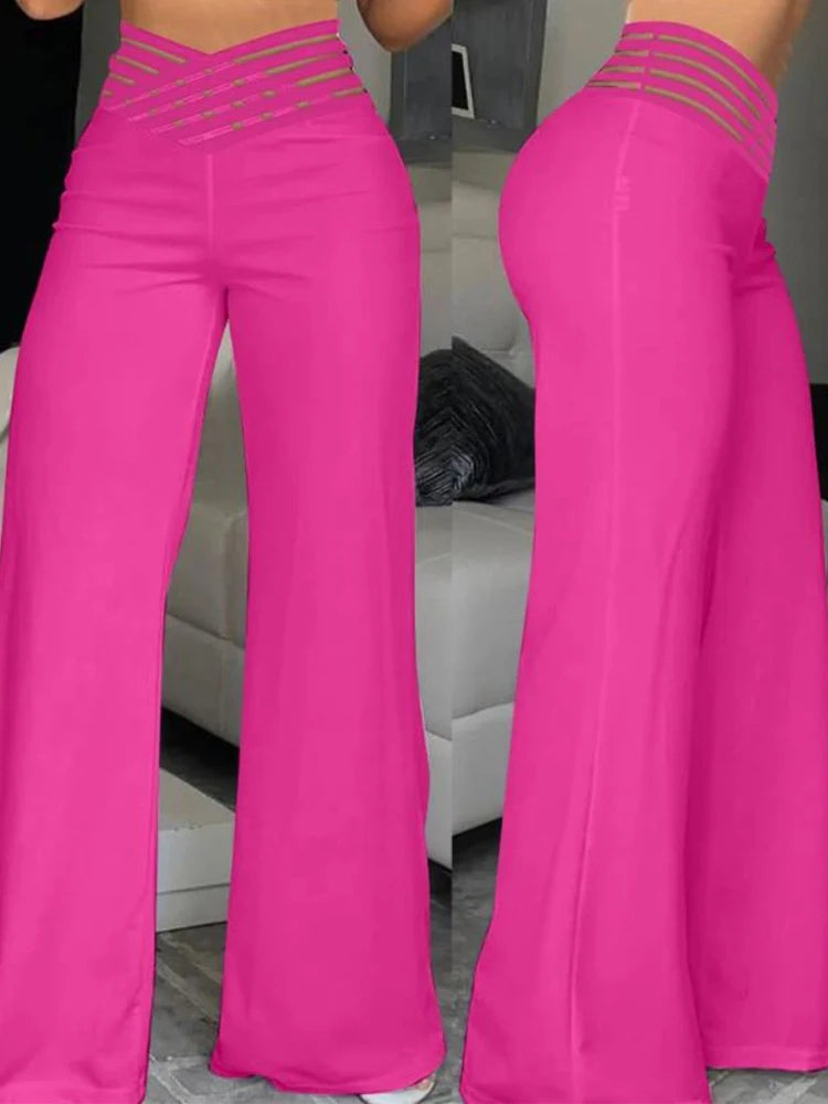 Elevate Your Style: Elegant High Waist Flared Pants with Mesh Patch Design