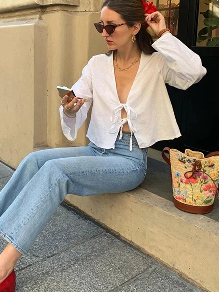 Solid Lace Up Bow Shirts Women Casual Long Flare Sleeve V Neck Hollow Out Blouses Tops 2024 Spring Lady Commuting Streetwear