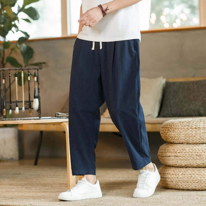 Men's Trousers Cotton Linen Fashion Casual Pants Solid Color Breathable Loose Shorts Straight Drawstring Pants Streetwear Men