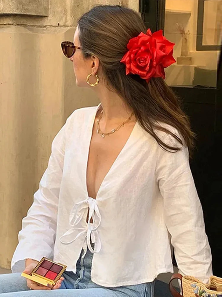 2024 Summer White Lace Up Shirts For Women‘s Elegant Loose Long Sleeve V-neck Blouse Female Solid Causal Street Chic lady Tops