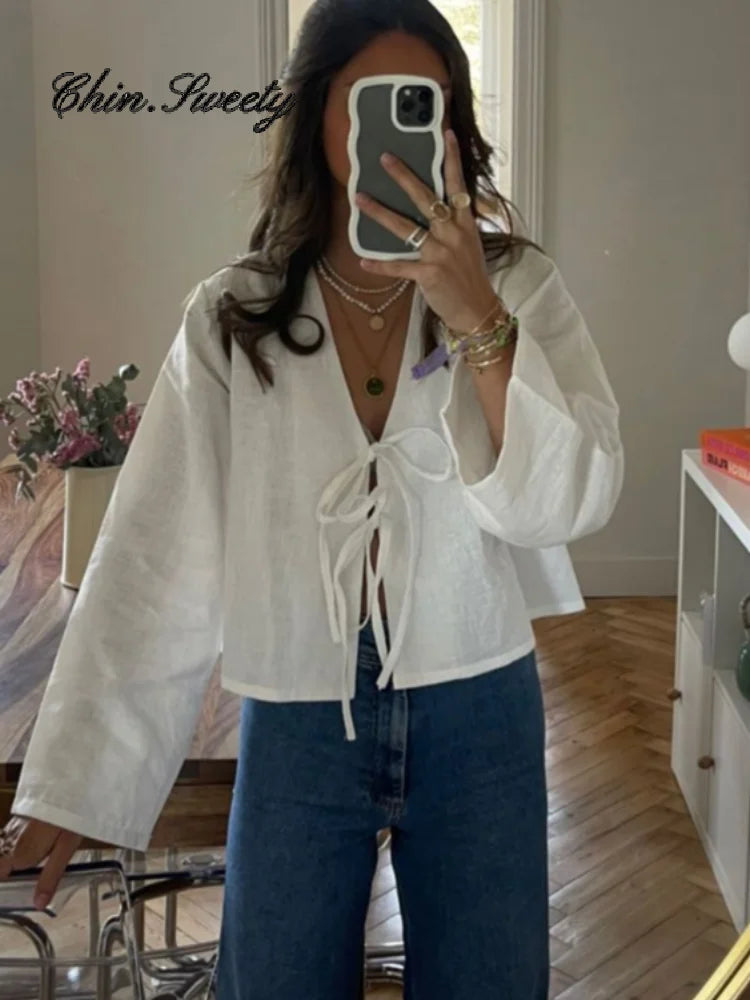 Solid Lace Up Bow Shirts Women Casual Long Flare Sleeve V Neck Hollow Out Blouses Tops 2024 Spring Lady Commuting Streetwear