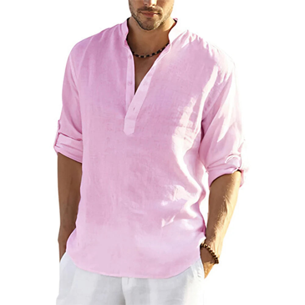 Refresh Your Style: 2024 Men's Casual Cotton Linen Shirt with Stand Collar